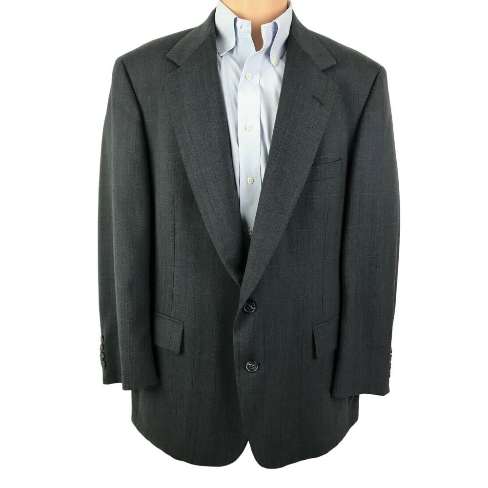 Men's Suit Jacket Size 42R 2 Button Pinstripe Windowpane Gray Sansabelt
